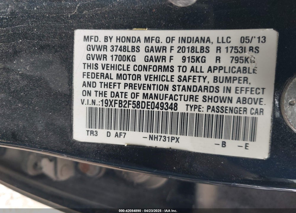 2013 HONDA CIVIC LX VIN: 19XFB2F58DE049348