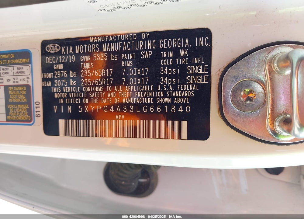 2020 KIA SORENTO VIN: 5XYPG4A33LG661840