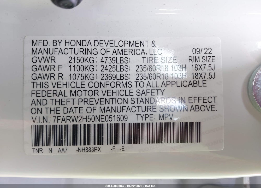 2022 HONDA CR-V VIN: 7FARW2H50NE051609