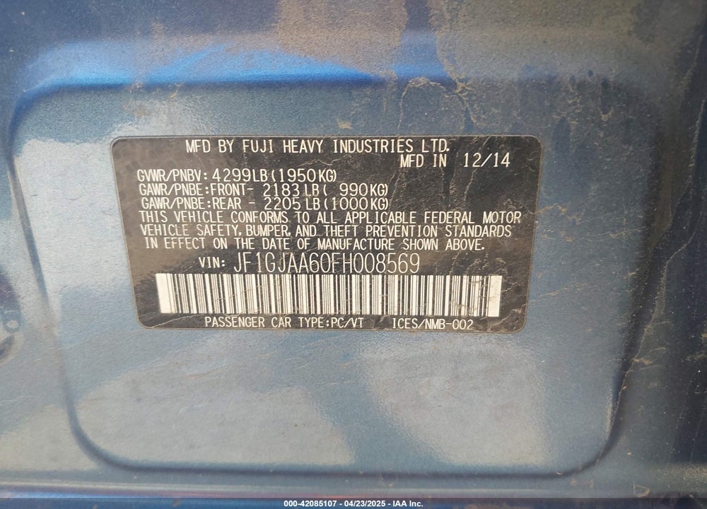 2015 SUBARU IMPREZA VIN: JF1GJAA60FH008569