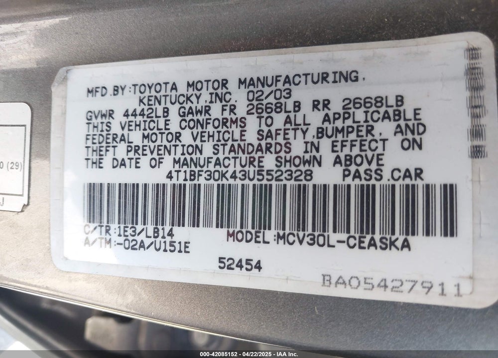 2003 TOYOTA CAMRY SE V6 VIN: 4T1BF30K43U552328