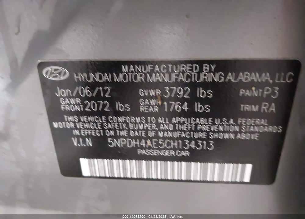 2012 HYUNDAI ELANTRA VIN: 5NPDH4AE5CH134313