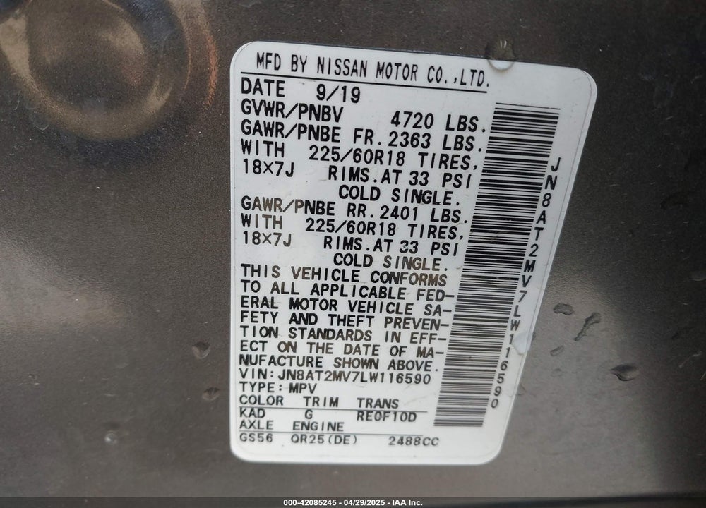 2020 NISSAN ROGUE VIN: JN8AT2MV7LW116590