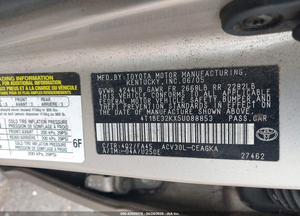 2005 TOYOTA CAMRY XLE VIN: 4T1BE32KX5U088853