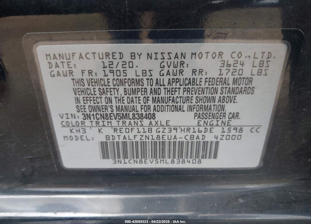 2021 NISSAN VERSA VIN: 3N1CN8EV5ML838408
