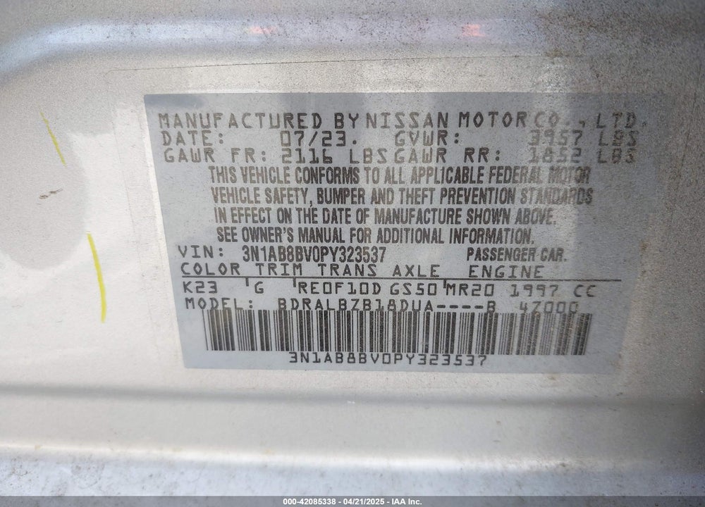 2023 NISSAN SENTRA VIN: 3N1AB8BV0PY323537