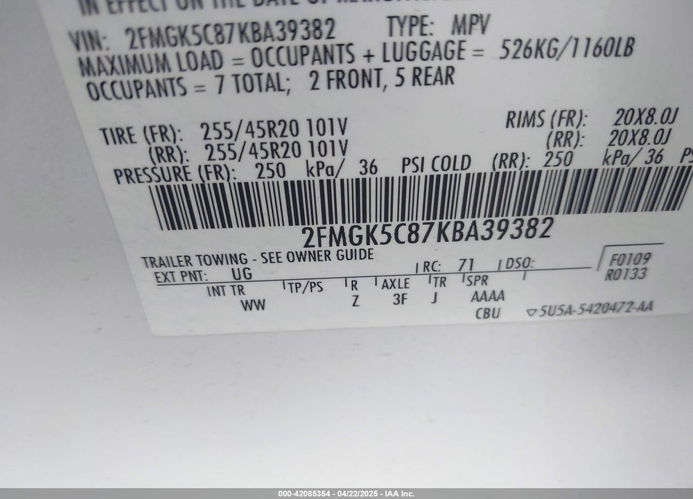 2019 FORD FLEX SEL VIN: 2FMGK5C87KBA39382
