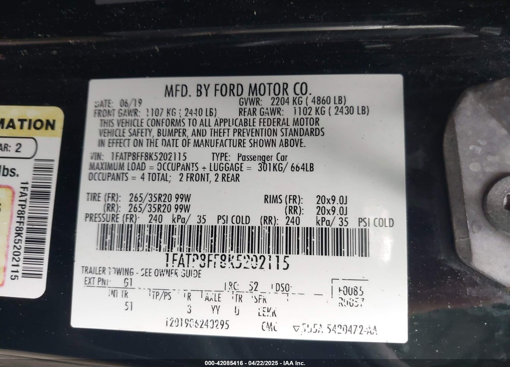2019 FORD MUSTANG VIN: 1FATP8FF8K5202115