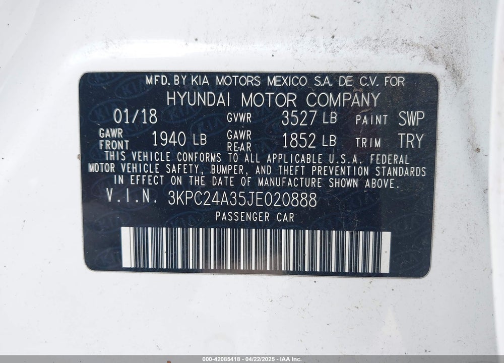 2018 HYUNDAI ACCENT VIN: 3KPC24A35JE020888
