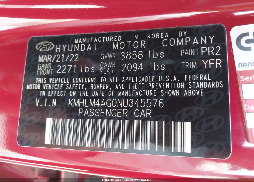 2022 HYUNDAI ELANTRA SEL VIN: KMHLM4AG0NU345576