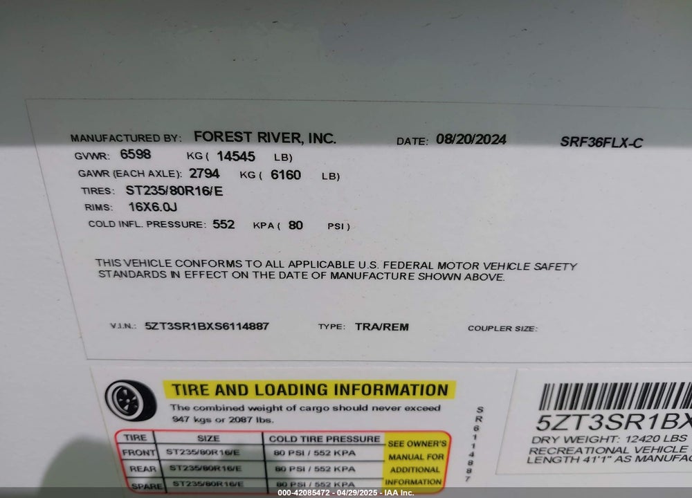 2025 FOREST RIVER OTHER VIN: 5ZT3SR1BXS6114887