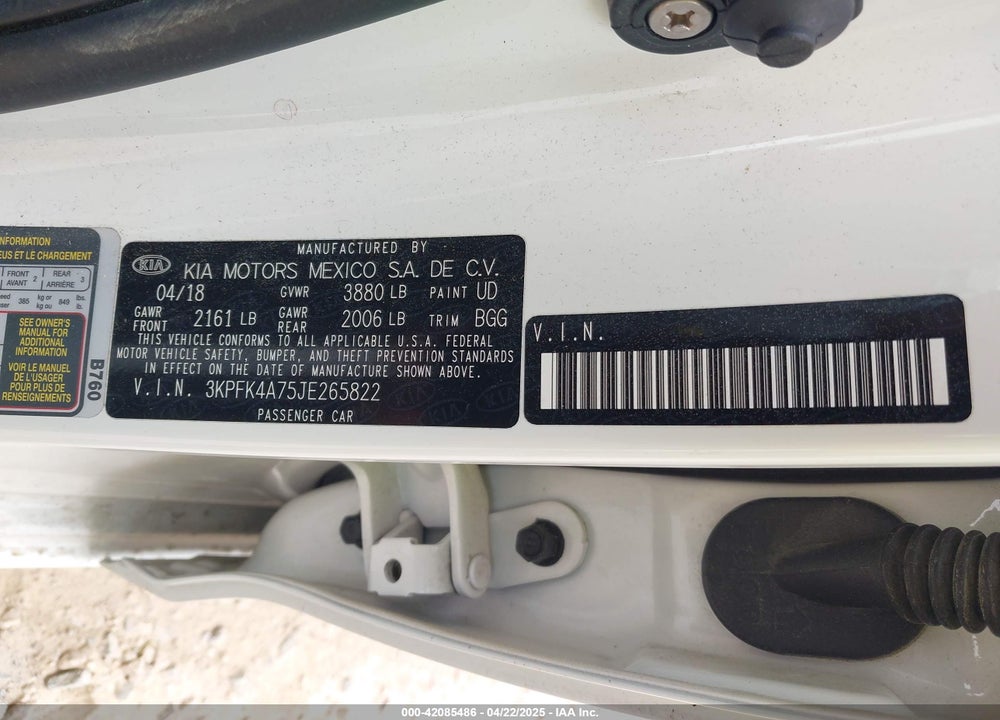 2018 KIA FORTE VIN: 3KPFK4A75JE265822