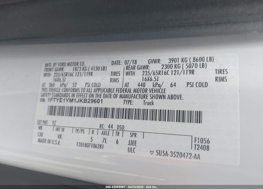 2018 FORD TRANSIT-150 VIN: 1FTYE1YM1JKB29601