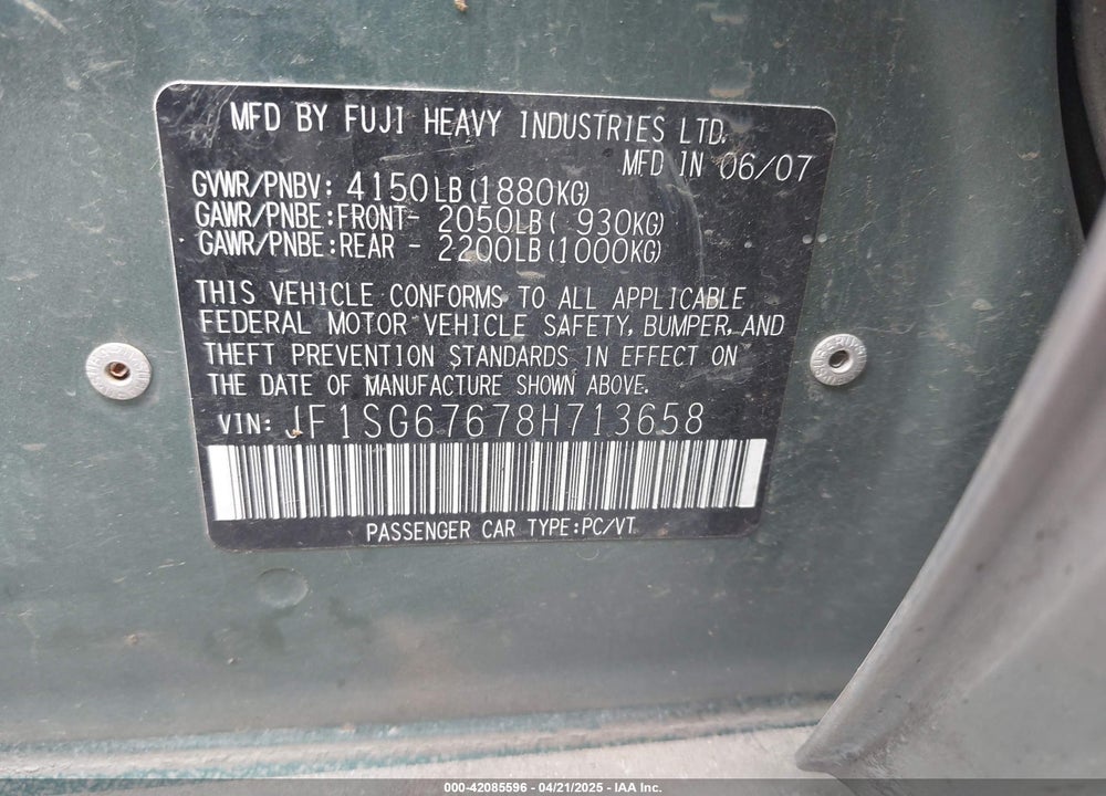 2008 SUBARU FORESTER 2.5X L.L. BEAN EDITION VIN: JF1SG67678H713658