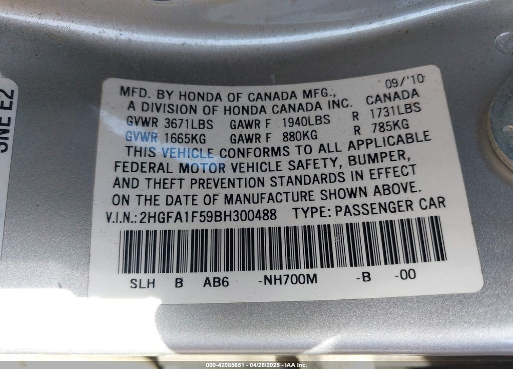 2011 HONDA CIVIC VIN: 2HGFA1F59BH300488