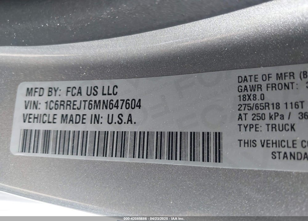 2021 RAM 1500 VIN: 1C6RREJT6MN647604