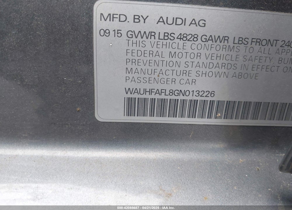 2016 AUDI A4 VIN: WAUHFAFL8GN013226