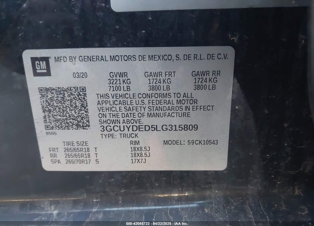 2020 CHEVROLET SILVERADO 1500 4WD SHORT BED LT VIN: 3GCUYDED5LG315809