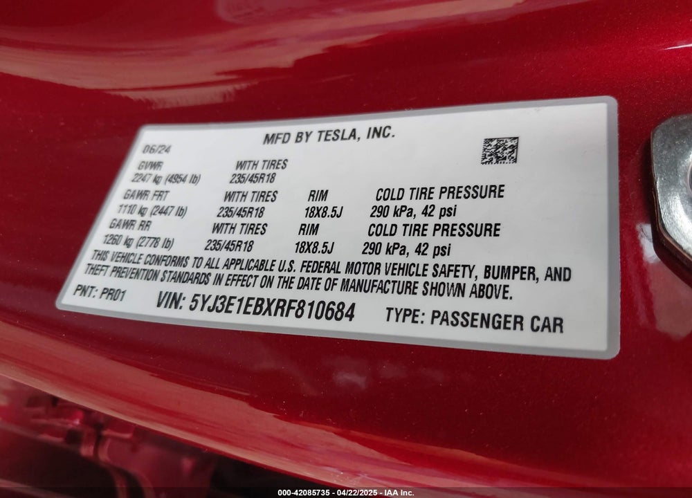 2024 TESLA MODEL 3 VIN: 5YJ3E1EBXRF810684