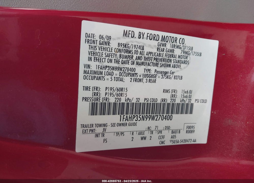 2009 FORD FOCUS SE VIN: 1FAHP35N99W270400