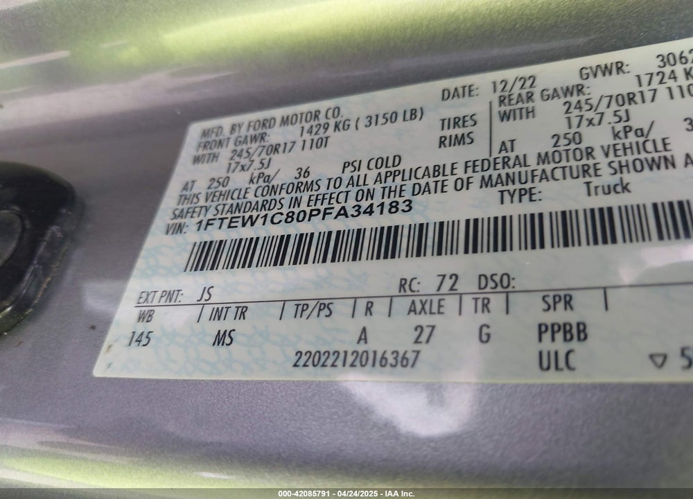 2023 FORD F150 VIN: 1FTEW1C80PFA34183