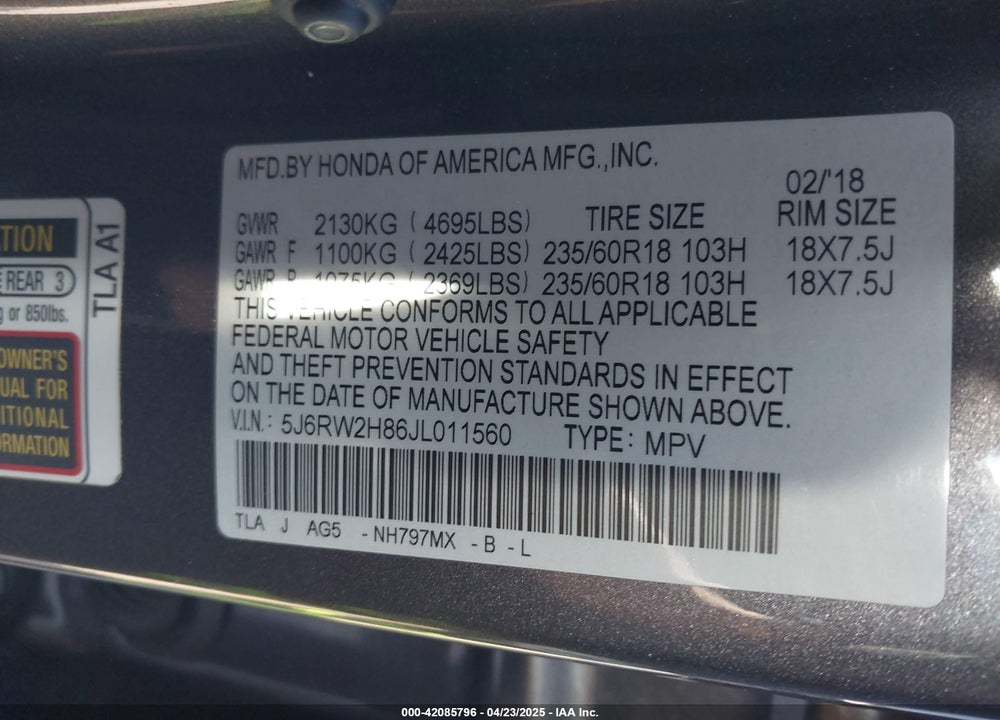 2018 HONDA CR-V VIN: 5J6RW2H86JL011560