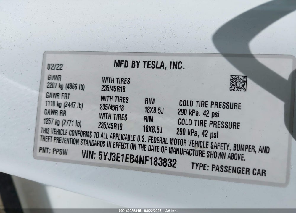 2022 TESLA MODEL 3 LONG RANGE DUAL MOTOR ALL-WHEEL DRIVE VIN: 5YJ3E1EB4NF183832