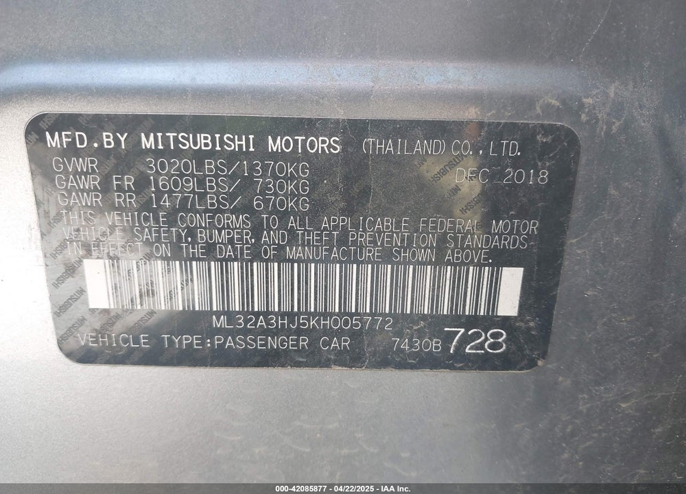 2019 MITSUBISHI MIRAGE VIN: ML32A3HJ5KH005772