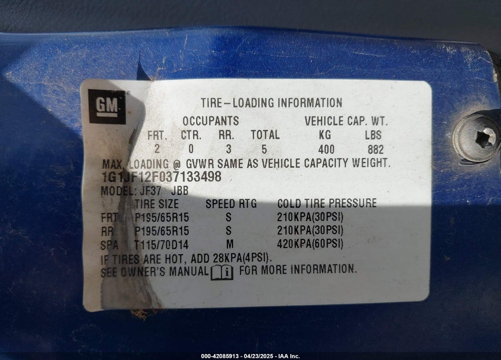2003 CHEVROLET CAVALIER LS VIN: 1G1JF12F037133498