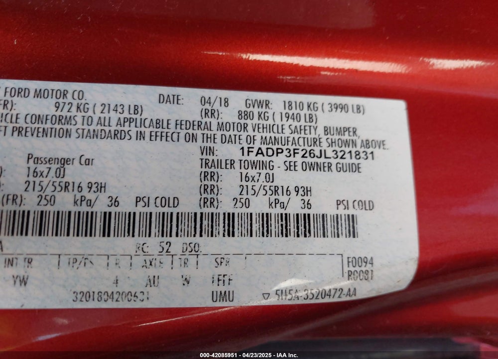 2018 FORD FOCUS VIN: 1FADP3F26JL321831