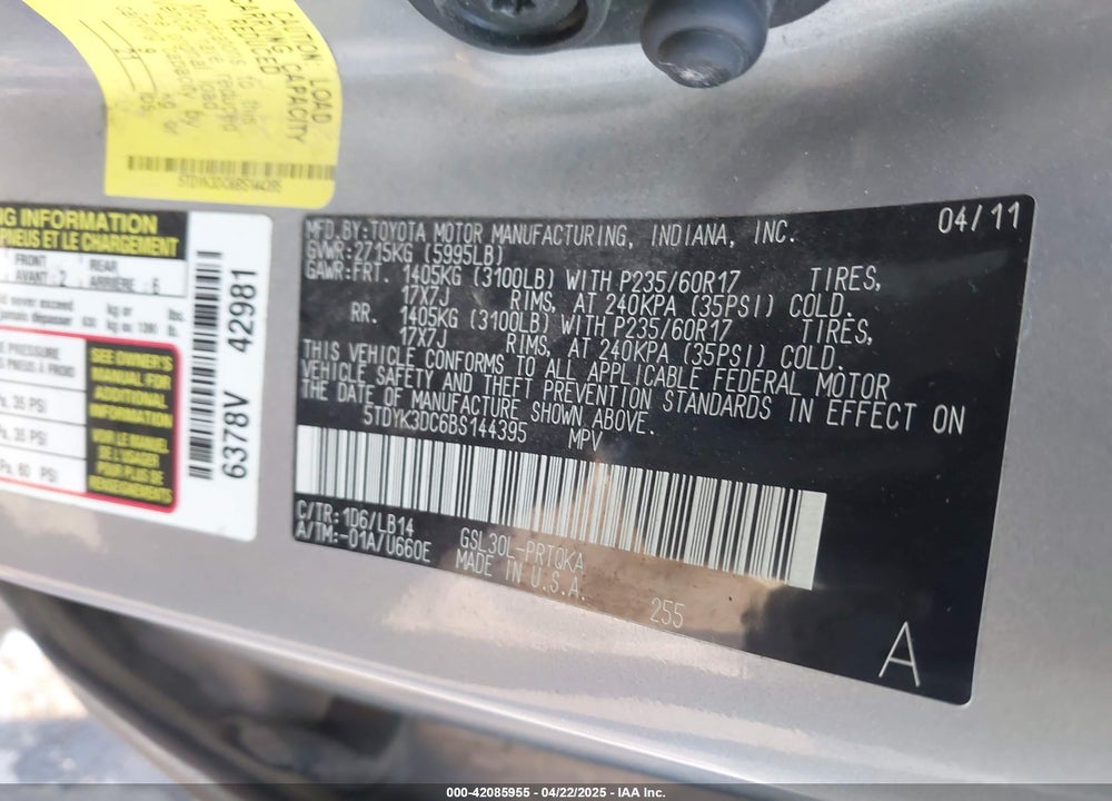 2011 TOYOTA SIENNA XLE V6 VIN: 5TDYK3DC6BS144395