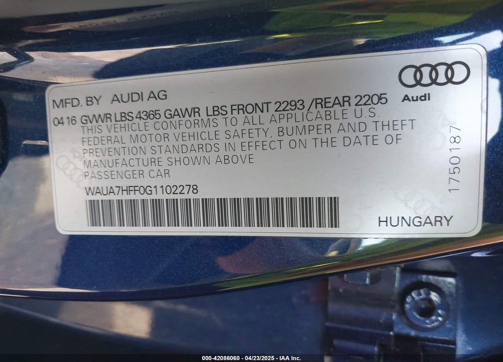 2016 AUDI A3 1.8T PREMIUM VIN: WAUA7HFF0G1102278
