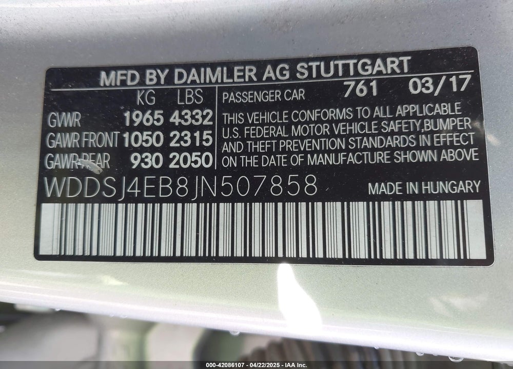 2018 MERCEDES-BENZ CLA-CLASS VIN: WDDSJ4EB8JN507858