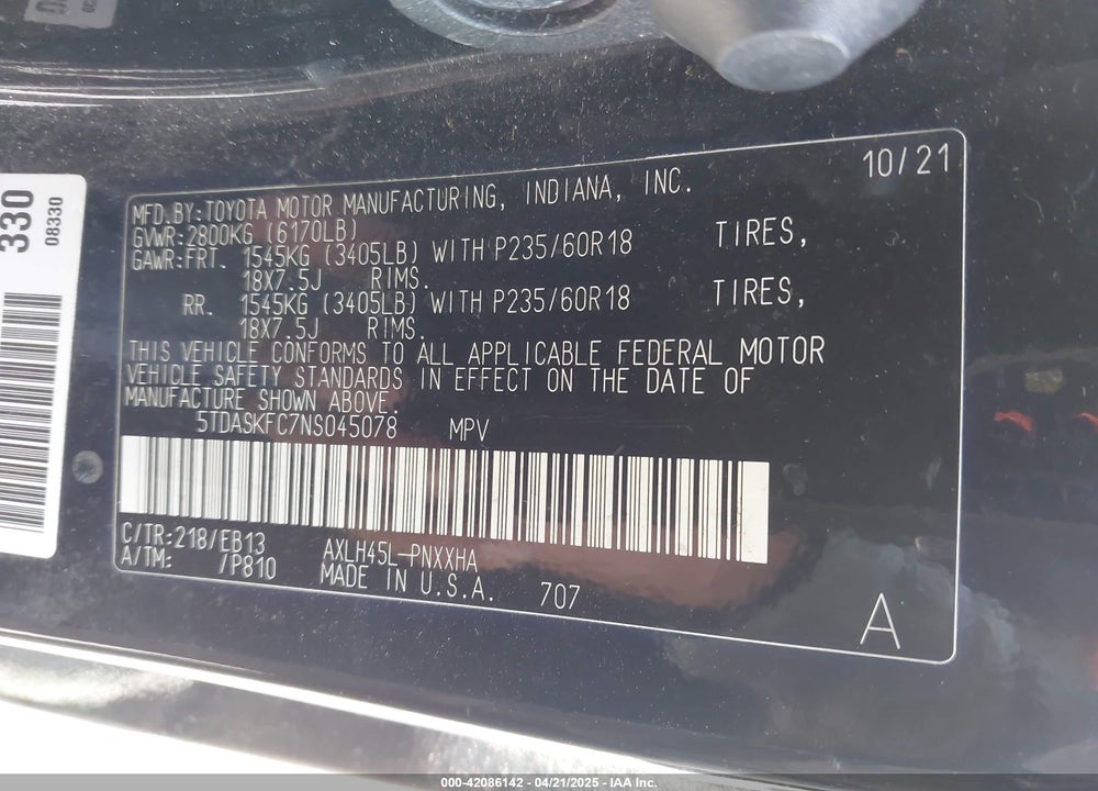 2022 TOYOTA SIENNA XLE WOODLAND EDITION VIN: 5TDASKFC7NS045078