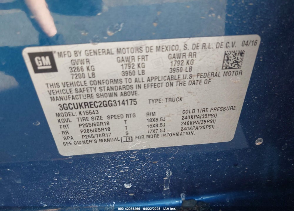 2016 CHEVROLET SILVERADO 1500 VIN: 3GCUKREC2GG314175