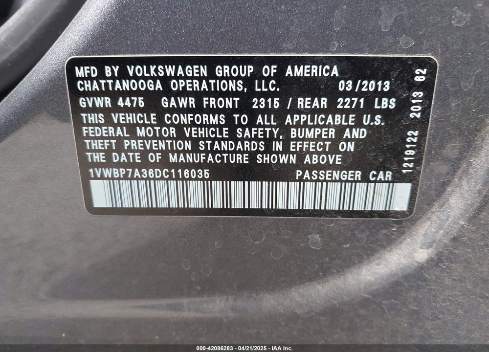 2013 VOLKSWAGEN PASSAT VIN: 1VWBP7A36DC116035