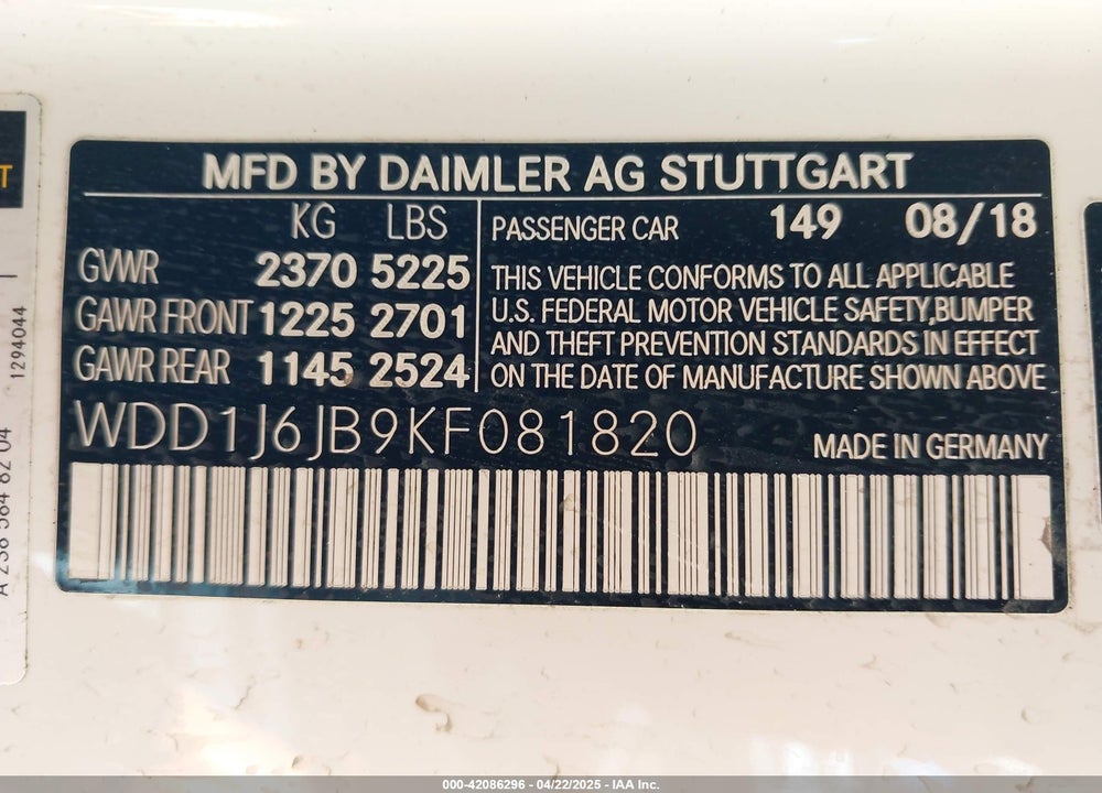 2019 MERCEDES-BENZ E 450 4MATIC VIN: WDD1J6JB9KF081820