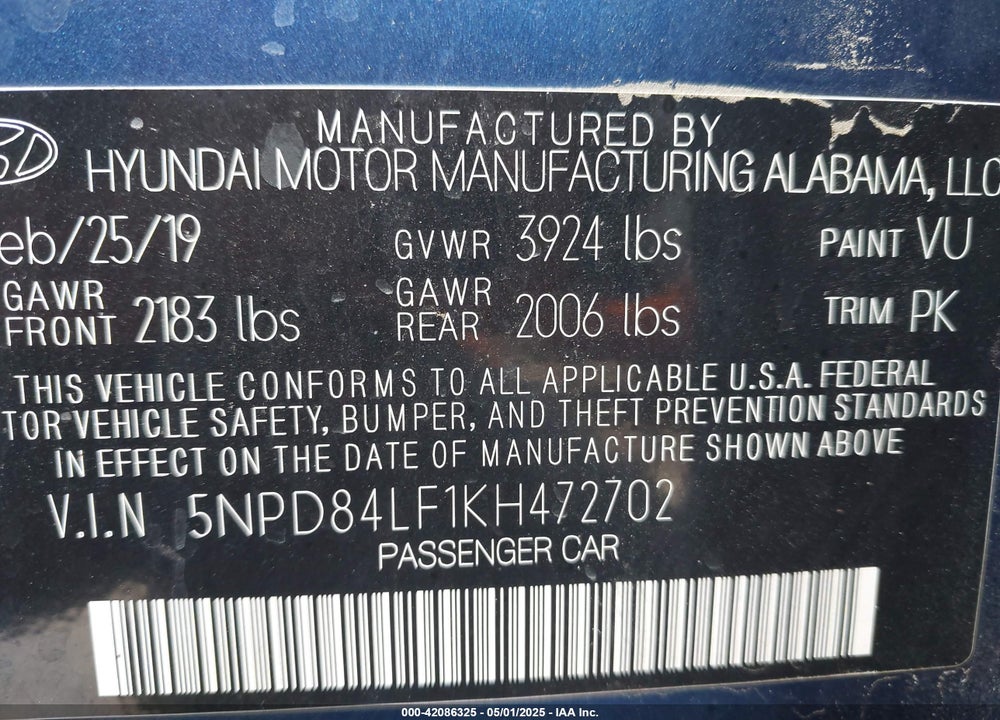 2019 HYUNDAI ELANTRA SEL VIN: 5NPD84LF1KH472702