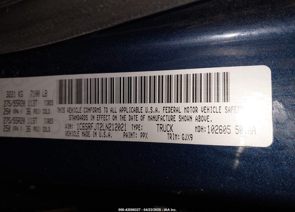 2020 RAM 1500 VIN: 1C6SRFJT2LN212021