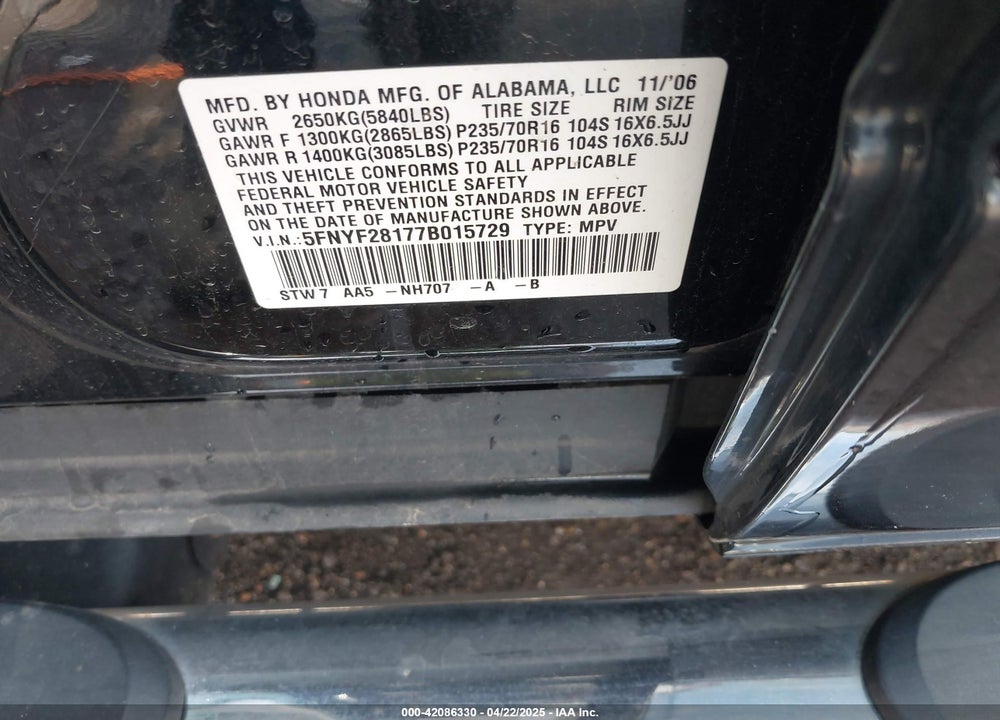 2007 HONDA PILOT VIN: 5FNYF28177B015729