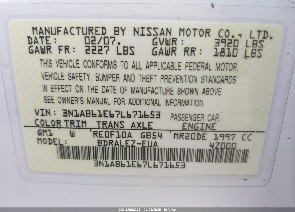 2007 NISSAN SENTRA 2.0S VIN: 3N1AB61E67L671653