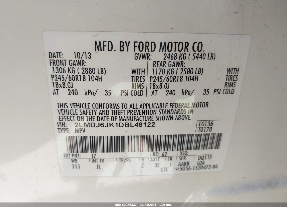 2013 LINCOLN MKX VIN: 2LMDJ6JK1DBL48122