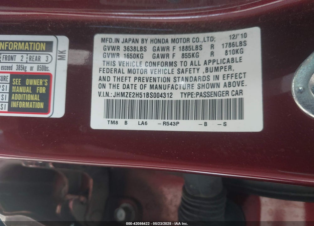 2011 HONDA INSIGHT LX VIN: JHMZE2H51BS004312