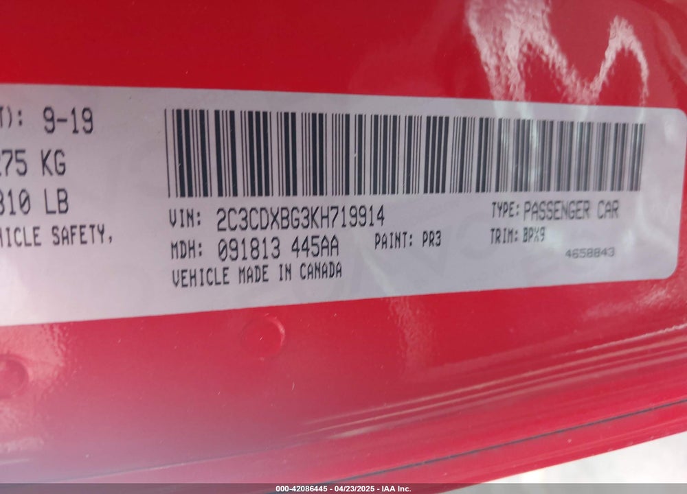 2019 DODGE CHARGER VIN: 2C3CDXBG3KH719914