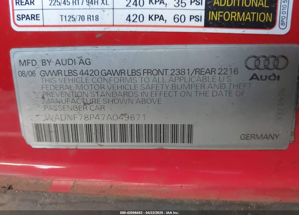 2007 AUDI A3 VIN: WAUNF78P47A049671