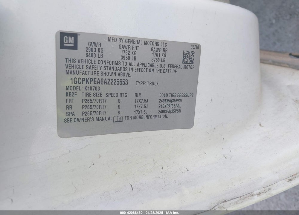 2010 CHEVROLET SILVERADO 1500 VIN: 1GCPKPEA6AZ225653