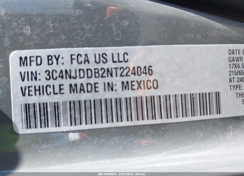 2022 JEEP COMPASS VIN: 3C4NJDDB2NT224046