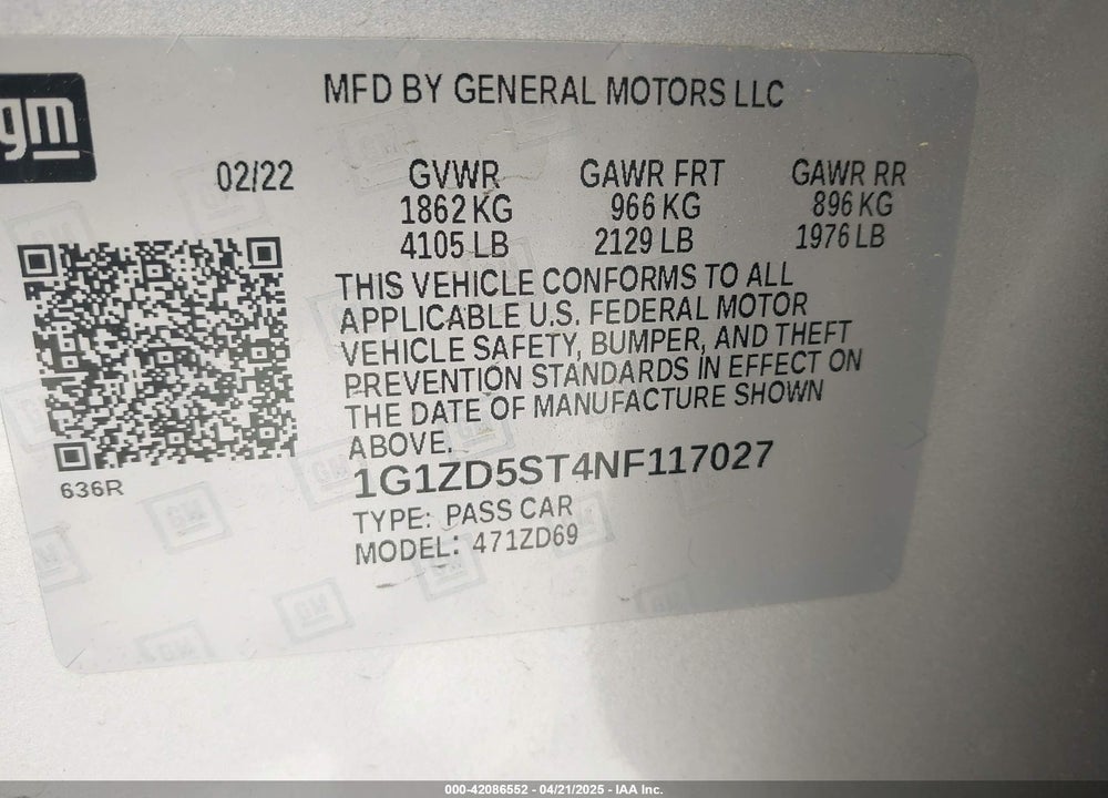 2022 CHEVROLET MALIBU VIN: 1G1ZD5ST4NF117027