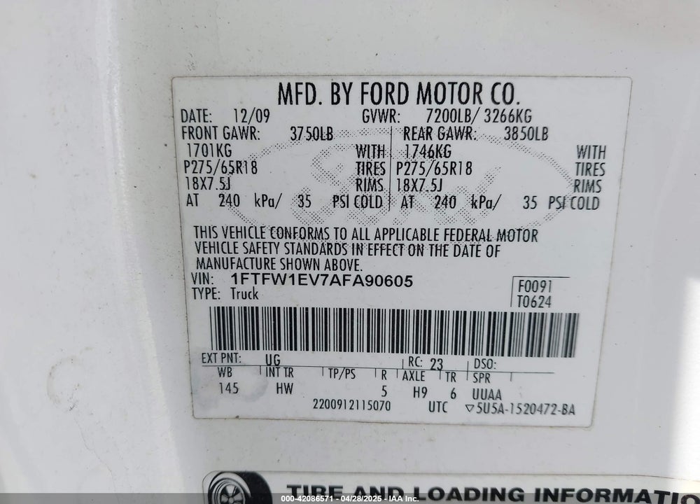 2010 FORD F-150 VIN: 1FTFW1EV7AFA90605