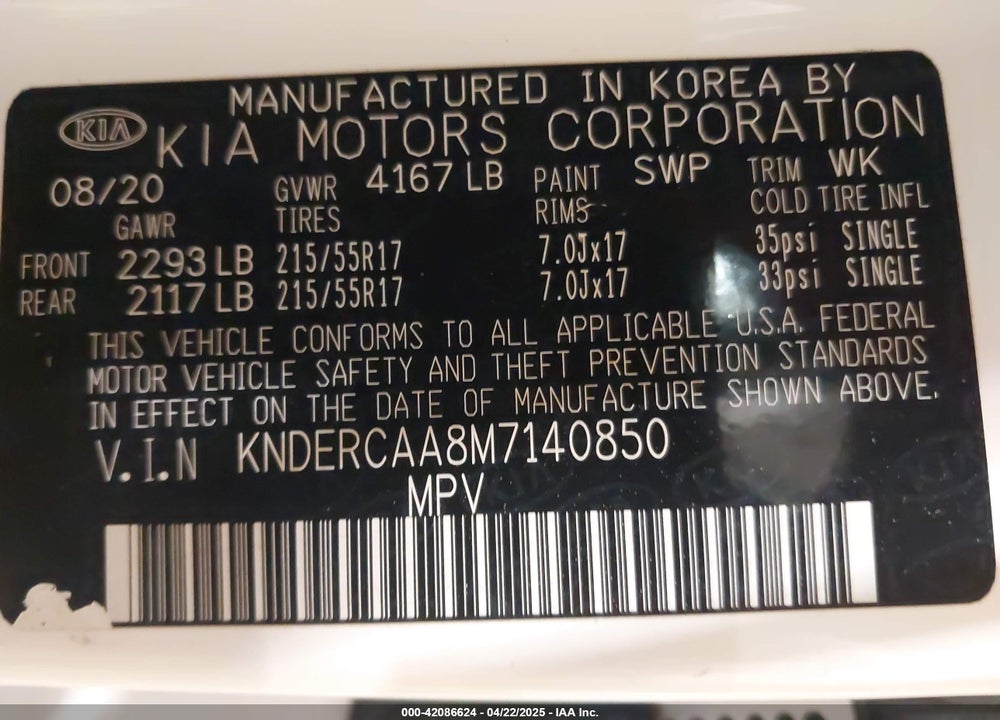 2021 KIA SELTOS VIN: KNDERCAA8M7140850